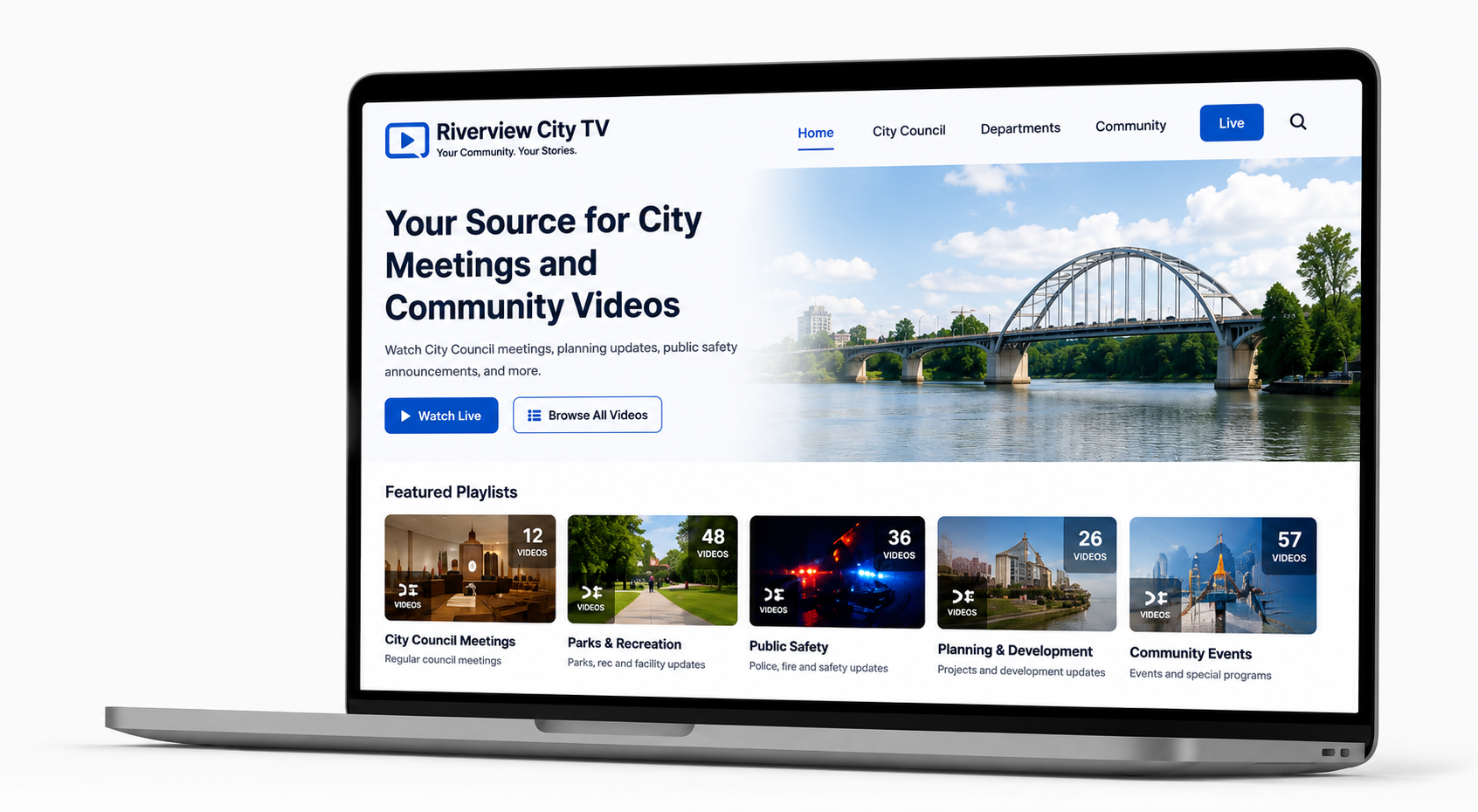 A laptop showing a mock-up of a Municipal Video site
